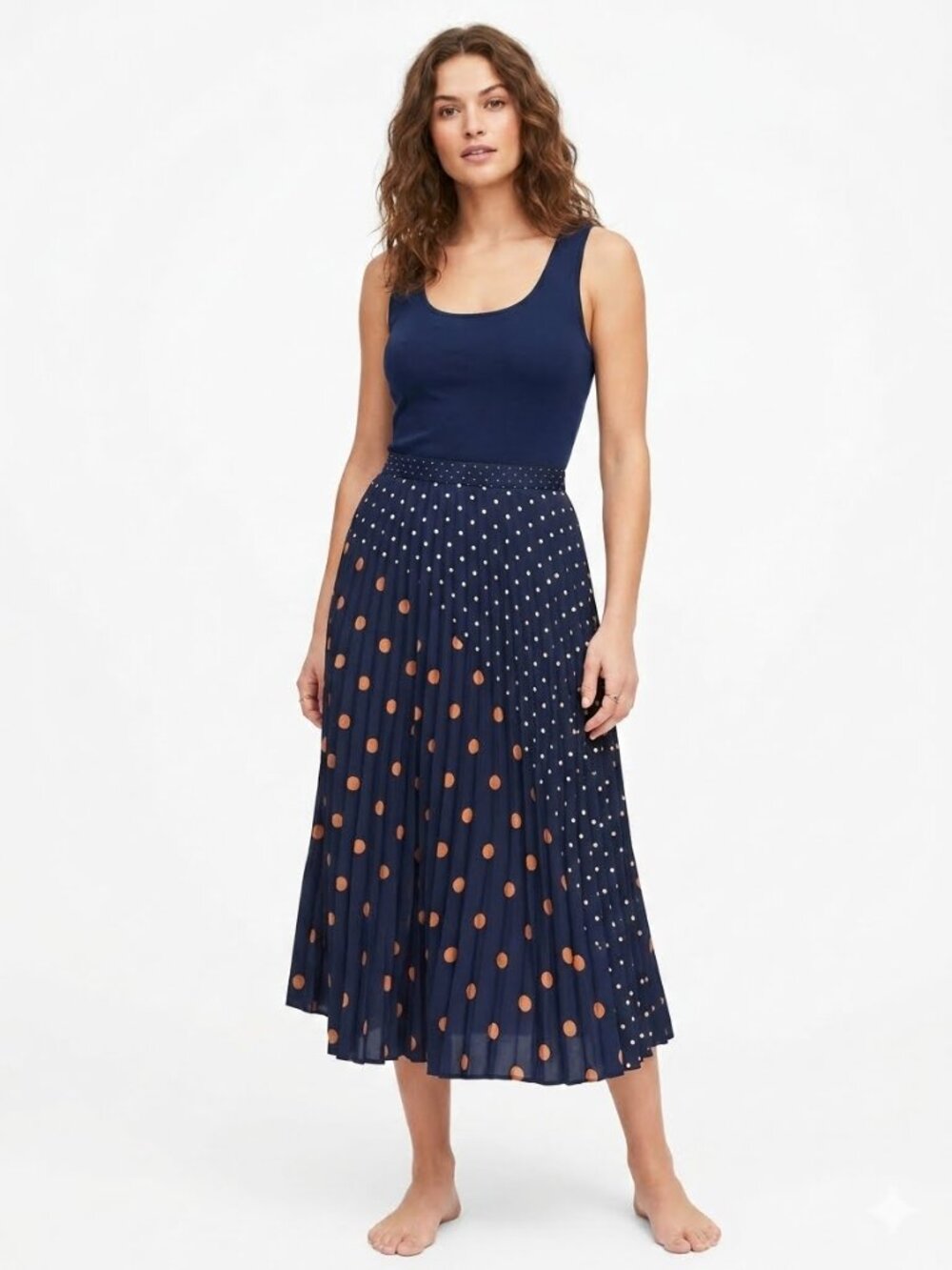 Banana Republic NWT Pleated Polka Dot Lined Midi Skirt Size 6P Navy/Tan